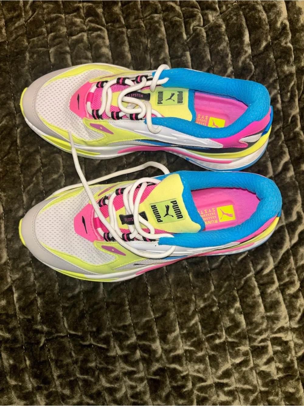 Puma White Neon Yellow Pink Blue Tennis Shoes / Grade School size 6